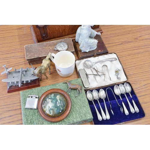 225 - An Oak Cased Bracket Clock with a Nickel Silver Dial, a Porcelain Figure, Cutlery, etc.