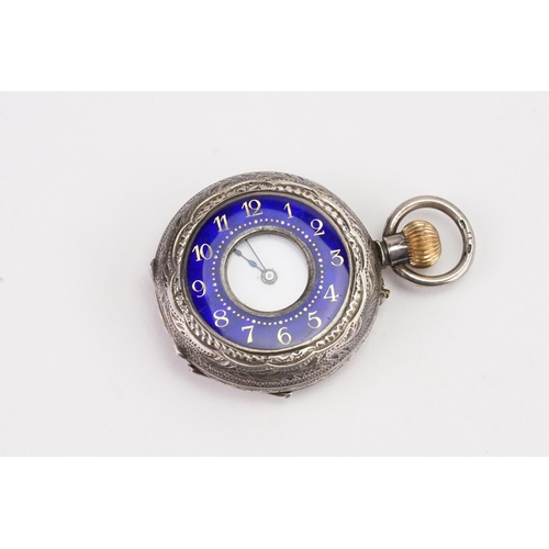 197 - A silver blue enamelled half hunter ladies pocket watch. 935 marked.