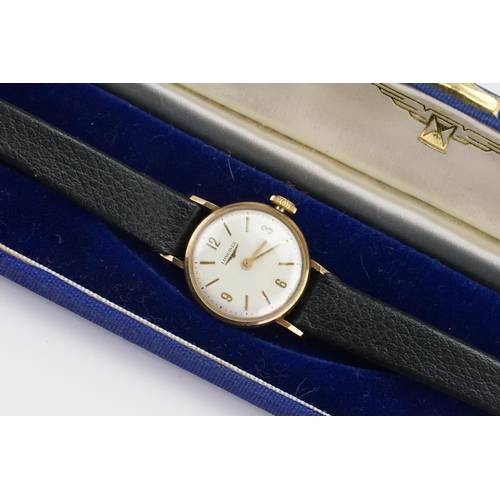 207 - A ladies 9ct gold cased Longines wrist watch. In original box.