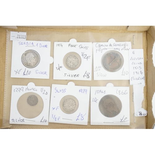 263 - A European Collection of Coins to include 6 x Coins, Serbia, Switzerland, Pilgrim, Monaco, Italy, et... 