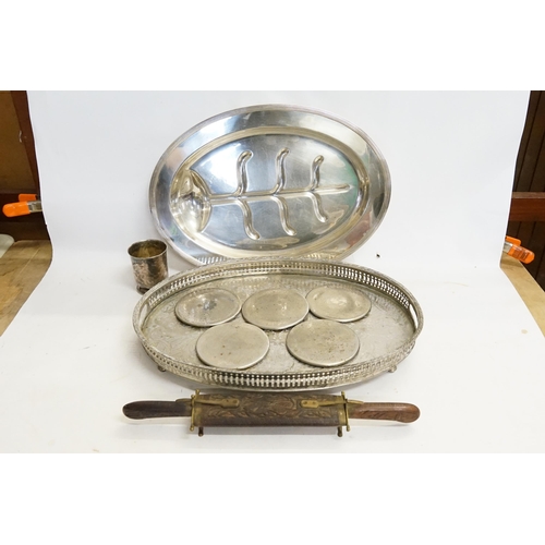 55 - A Silver Plated Meat Dish with Gravy Well, a Tea Tray, Malaysian Serving Knife & other items of Silv... 