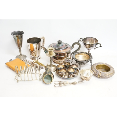 58 - An Indian Silver Plated Bracelet, Tea Pot, Egg Cruet & various other Silver Plate.