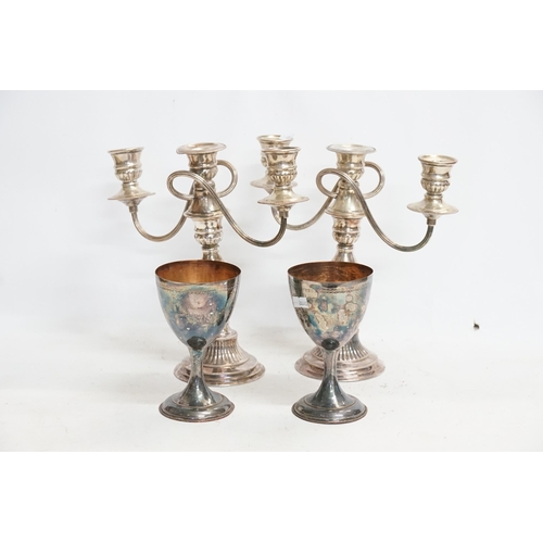 59 - A Pair of Georgian Sheffield Silver Plated Wine Goblets with Crest & a Pair of Two Branch Silver Pla... 