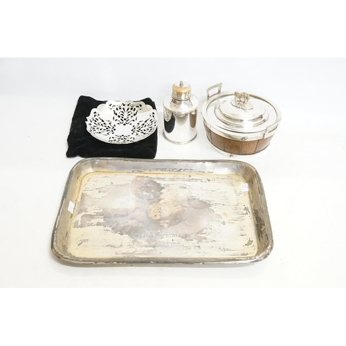61 - A Victorian Silver Plated & Oak mounted Butter Tub, a Tea Caddy & two other Silver Plated items.