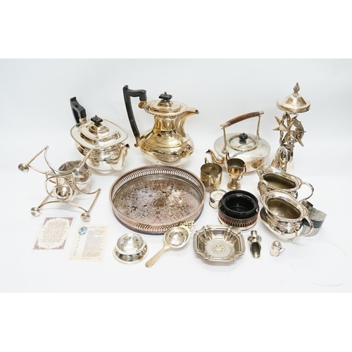 64 - A Collection of Silver Plated items to include Trophy Cups, Tea Pot, Coffee Pot, etc.