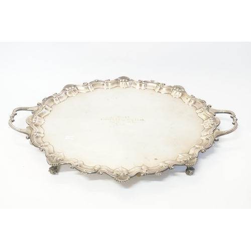 71 - A Silver Plated Two Handled Tea Tray with gadrooned edge. Measuring: 60cms.