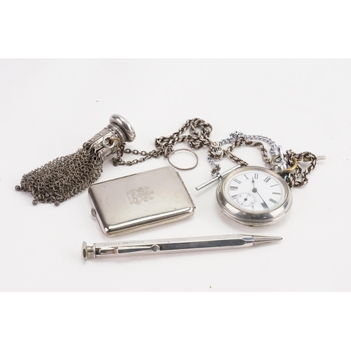 79 - A collection of various items, to include a silver hallmarked coin purse, silver chain on pocket wat... 