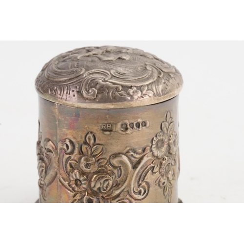 3 - A Victorian embossed silver trinket pot, 1878, possibly Richard Britton. Weight 65g.