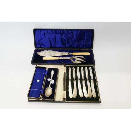 48 - 6 x Silver handled Butter Knives, a Silver Christening Spoon & Silver Plated Fish Servers.