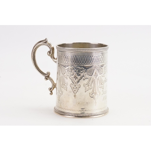 17 - A 1874 Victorian engraved christening mug, maker John Edward Walter & John Barnard. Weight 191g.
