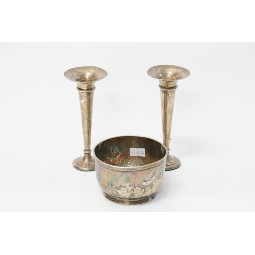 23 - A Pair of Silver Specimen Vases along with a Silver Plated Sugar Basin.