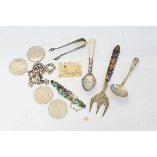 157 - An Art Nouveau enamelled Bracelet, a Silver Jam Spoon, Silver Chain, Coins, etc.