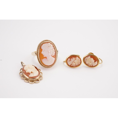 138 - A 9ct gold cameo ring, along with a 9ct cameo pendant and earrings. Weight 8.4g.