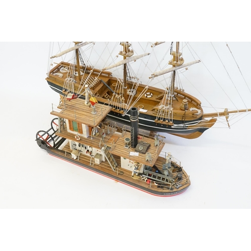 1040 - An 18th Century Wooden model of a Three Masted Galleon. Measuring: 65cms long x 55cms high. Along wi... 