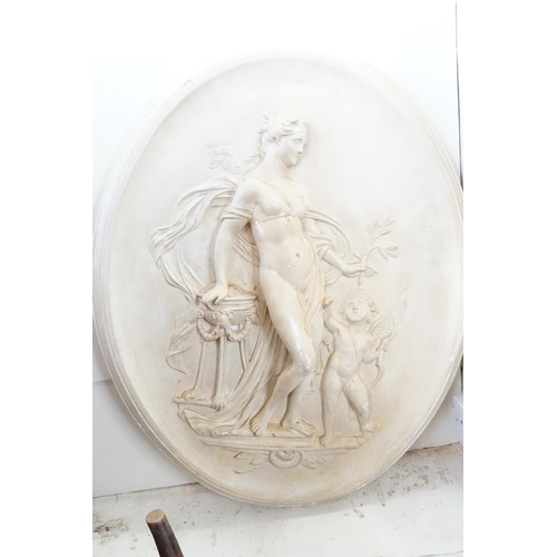 555 - A Plaster Plaque depicting a Semi-Nude Classical Maiden with a Cupid & resting her hand on an Incens... 