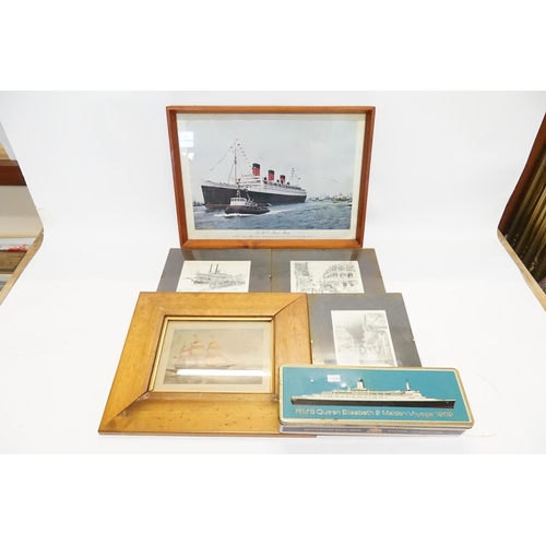 1039 - A Queen Mary Tray, a Queen Elizabeth Tin Box, a print of a Clipper Ship & New Orleans Sketches.