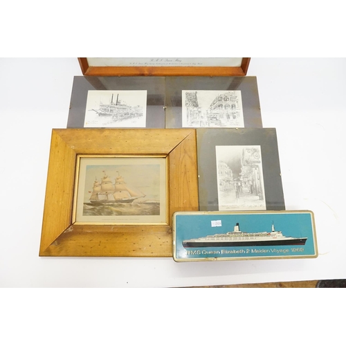 1039 - A Queen Mary Tray, a Queen Elizabeth Tin Box, a print of a Clipper Ship & New Orleans Sketches.