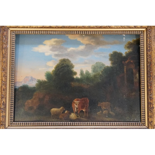 418 - An 18th Century Oil on Oak panel depicting a Pastural scene with Cows & Sheep in foreground & mounta... 