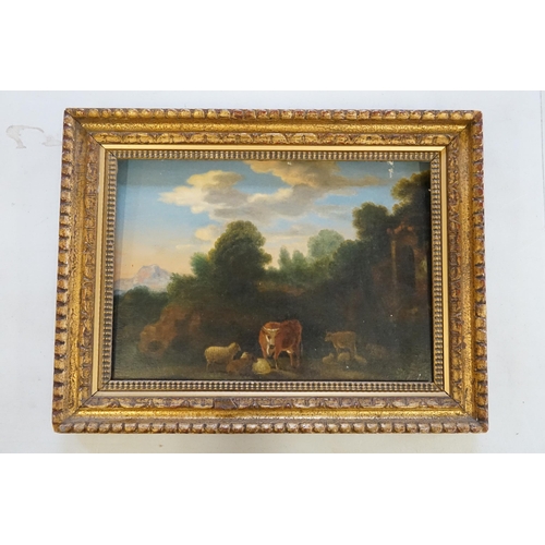 418 - An 18th Century Oil on Oak panel depicting a Pastural scene with Cows & Sheep in foreground & mounta... 