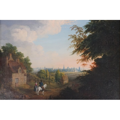 420 - An 18th Century Oil on Canvas Painting depicting Country Folk by a Cottage & a Town in the backgroun... 