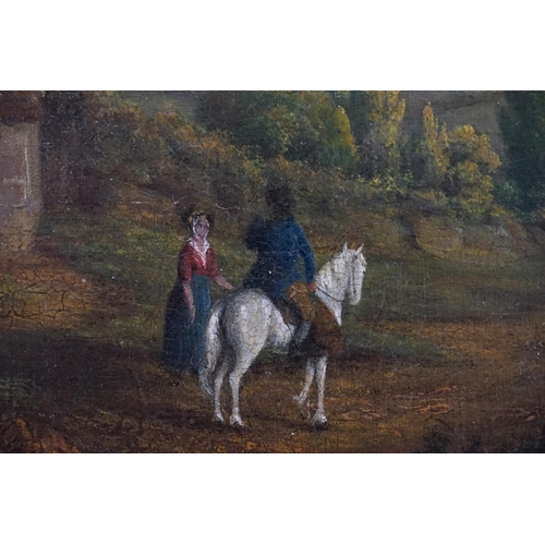 420 - An 18th Century Oil on Canvas Painting depicting Country Folk by a Cottage & a Town in the backgroun... 