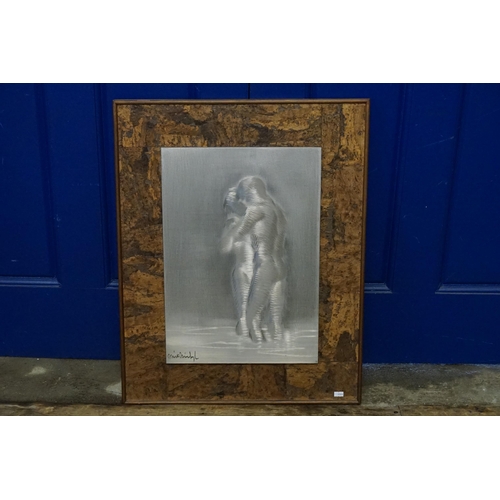 443 - An interesting 1960s Burnished & Scratch decorated Aluminium Panel depicting Two Lovers contained in... 