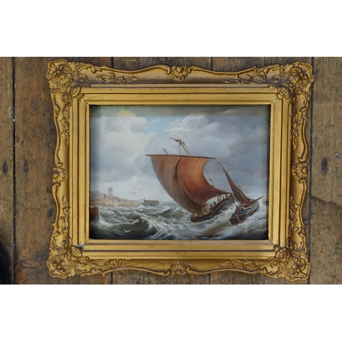 463 - A Late 19th Century Oil on Board of Sailing Ships coming into a Harbour, signature possibly G. J. Pl... 