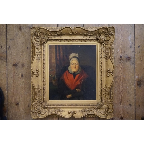 468 - A 19th Century Oil on panel of an elderly Lady in a red shawl with bonnet & Collar. Measuring: 28cms... 