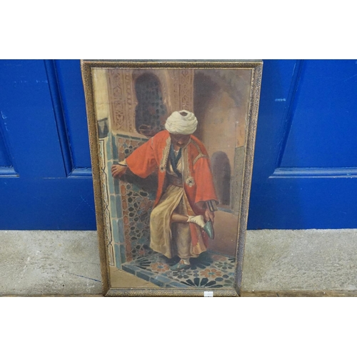 474 - A Moroccan Oil Painting of a smartly Dressed Local removing his shoes before going to a Mosque. Meas... 