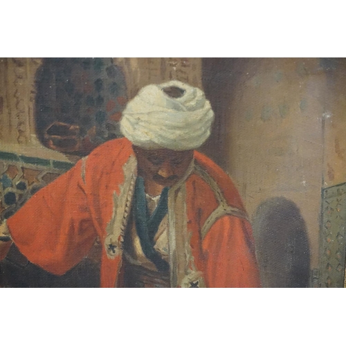 474 - A Moroccan Oil Painting of a smartly Dressed Local removing his shoes before going to a Mosque. Meas... 