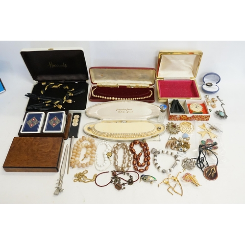 174 - A Silver Topped Scent Bottle, Maltese Cross Brooch, Dancers Brooch, Harrods Jewellery, etc.