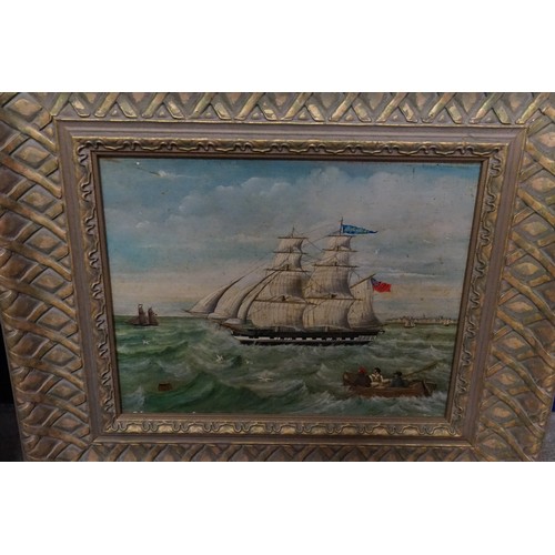 456 - An Oil on Board of a Masked Man of War with various Ships in background, a 