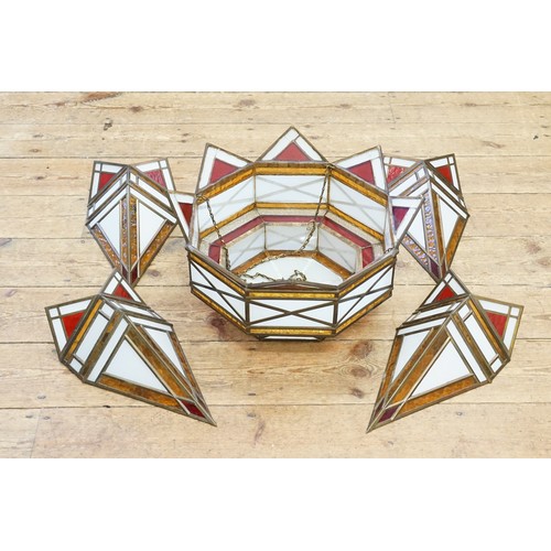 984 - An Art Deco design Marbled & Red Glass Ceiling Shade along with a Set of Four Angular Wall Lights.