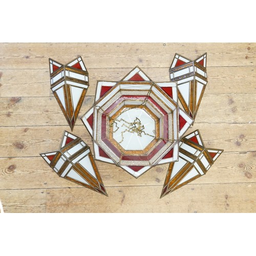 984 - An Art Deco design Marbled & Red Glass Ceiling Shade along with a Set of Four Angular Wall Lights.