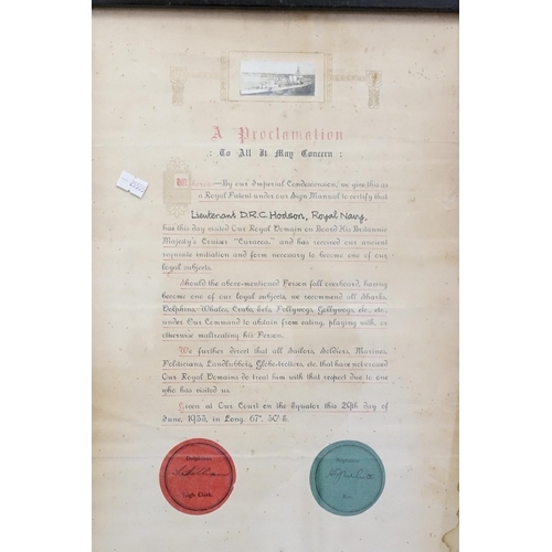 500 - A Royal Patent of Crossing the Equator dated 1933, for Lieutenant Hodson, Framed & Glazed along with... 