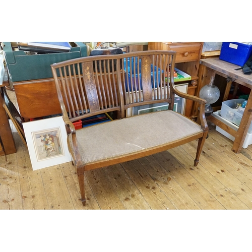 498 - A Sheraton designed satinwood inlaid Mahogany Drawing Room Settee resting on square legs. Measuring:... 