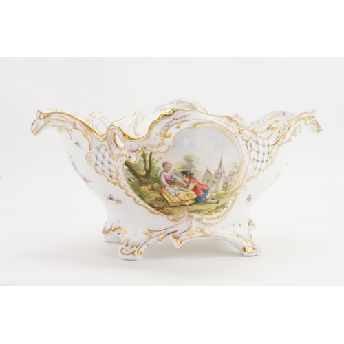 815 - A Dresden Rococo Open Work Gilt Floral & Lattice Two Handled Fruit Bowl decorated with Watteau scene... 