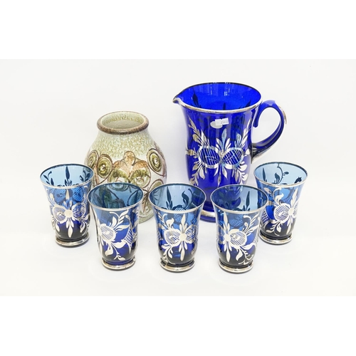 703 - A Bohemian Blue & Silver Lemonade Jug along with Five Glasses & a 