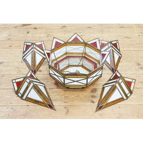 623 - An Deco design Marbled & Red Glass Ceiling Shade along with a Set of Four Angular Wall Lights.