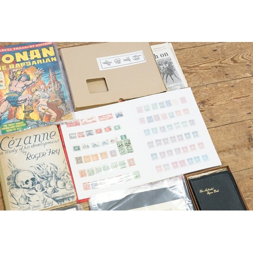 774 - A Collection of Various items to include a Stamp Album, Conan the Barbarian Comic, Cezanne by Roger ... 