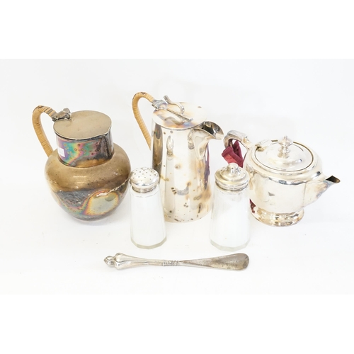 137 - Two Silver Topped Sugar Shakers, Wicker Handled Hot Water Jugs & a Silver Plated Tea Pot.