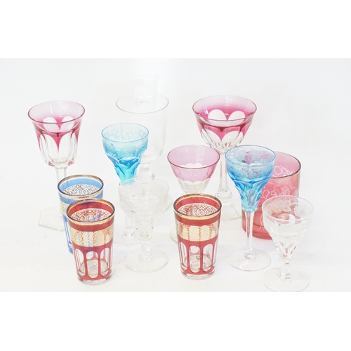 695 - Two Thumb Cut Wine Glasses, Two Blue engraved Wine Glasses, Two Grape decorated Liquor Glasses, Four... 