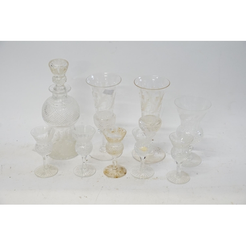 697 - A Scottish Thistle Decanter & Stopper, 6 x Glasses to match, Two Thistle High Balls & one similar.