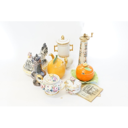 832 - A Staffordshire Chicken Tureen, a Pepper Grinder, French Tea Pot & Bowl, Marmalade Jar, etc.