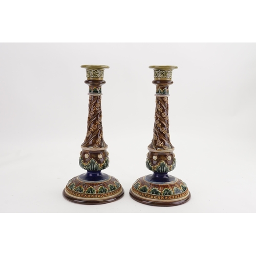 826 - A Pair of Royal Doulton Candlesticks of Gadrooned Turned Column & Ribbed by Emily Partington. No: 40... 