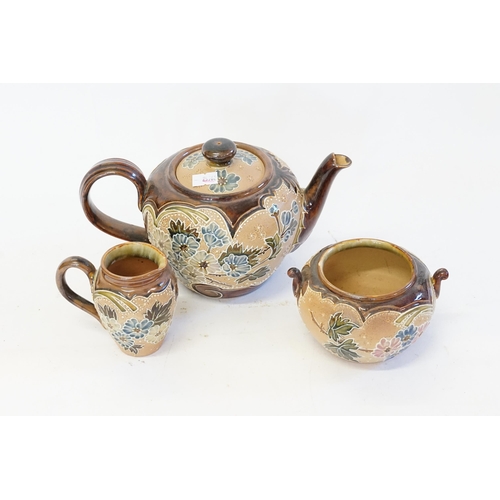 828 - A Royal Doulton Slaters Patent Three Piece Tea Set in the Art Nouveau pattern. No: 111. PB.