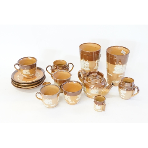 829 - Four Brown Stone Ware Royal Doulton Cups & Saucers decorated with Hunting Scenes, two Beakers, Tea P... 