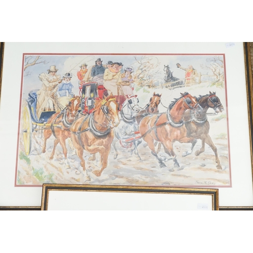 447 - A Frank R Grey watercolour of the coach and horses racing, along with a similar watercolour of the T... 