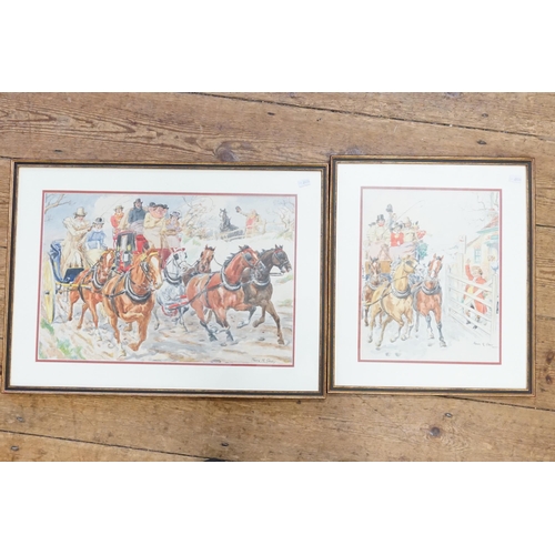 447 - A Frank R Grey watercolour of the coach and horses racing, along with a similar watercolour of the T... 