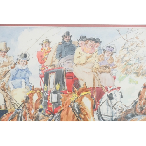 447 - A Frank R Grey watercolour of the coach and horses racing, along with a similar watercolour of the T... 